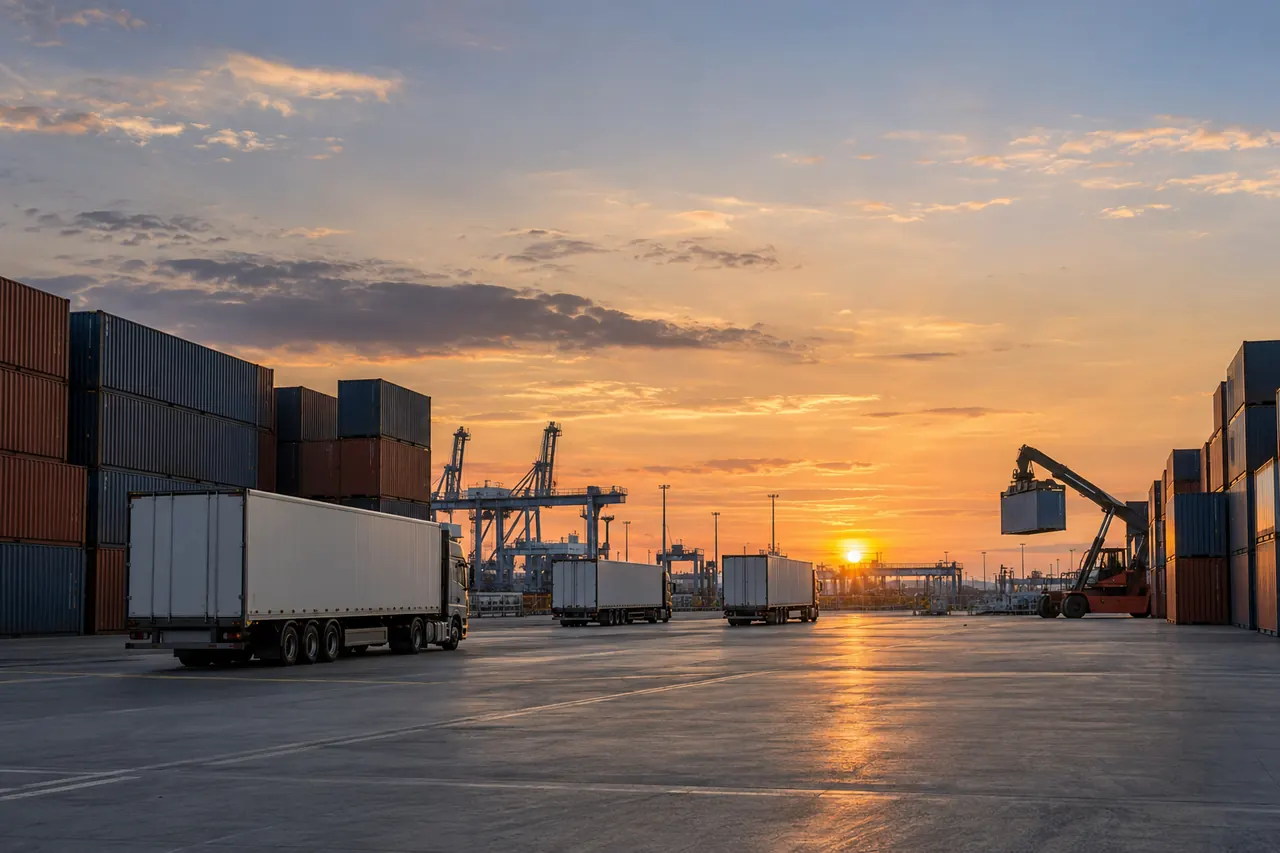 Remolques y contenedores esperan en una terminal de carga al atardecer.